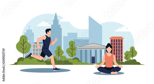 People exercising in an urban park with a man running and a woman practicing yoga meditation in front of city buildings.