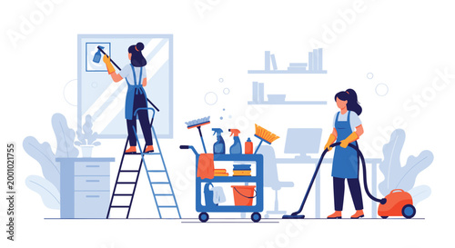 Professional cleaning company staff vacuuming and washing windows in a bright office environment to maintain hygiene.