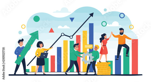 Dynamic team collaboration drives business growth, financial success, and strategic progress, depicted with vibrant charts and cooperative effort