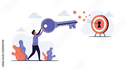 Businessman pushing a giant purple key towards a target keyhole to unlock a solution and reach a successful goal.