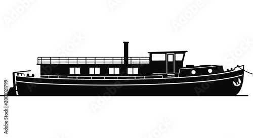 Vintage boat silhouette, ship, nautical vessel, watercraft, isolated on white background, black illustration, side view, classic design