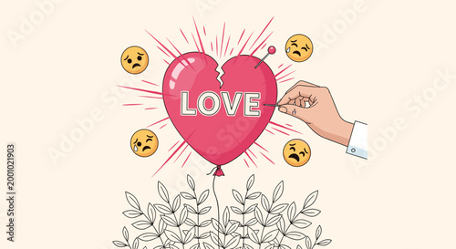 Human hand popping a red heart balloon with a pin while sad emojis watch representing the end of a romance.