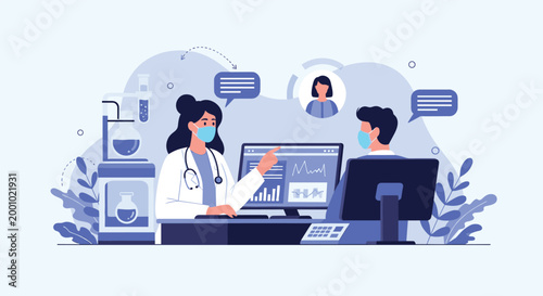 Medical researchers wearing face masks and working in a laboratory with computers and lab equipment for health analysis.