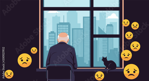 Lonely elderly man sitting and looking out of a window at a city skyline while surrounded by sad floating emojis.