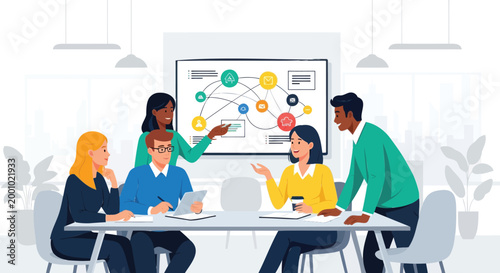 Diverse team of professionals collaborating on a business strategy, analyzing data visualization during an office meeting