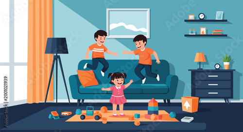 Three children playing in a messy living room with boys jumping on a sofa while a girl stands among scattered toys.