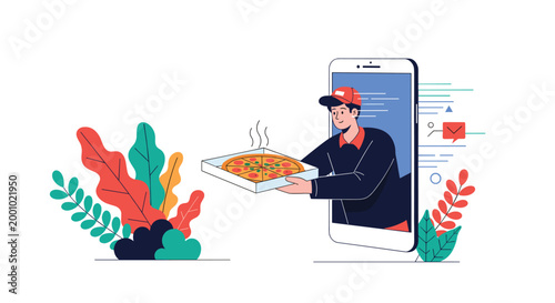 Delivery person provides fast service by handing a hot pizza directly out of a smartphone screen for online ordering.