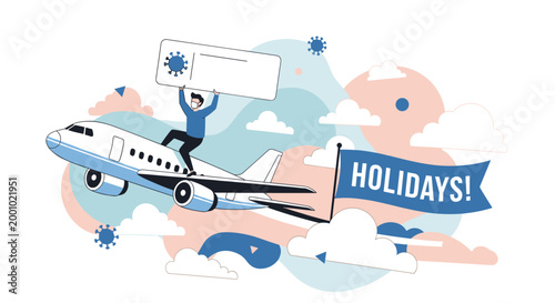 Traveler wearing a face mask riding on a flying airplane while holding a pandemic health certificate for holidays.