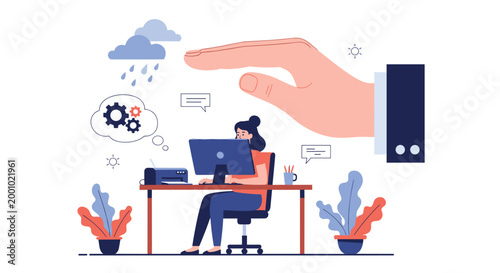 Giant protective hand shields a woman working at her office desk from rain clouds and stormy weather conditions.