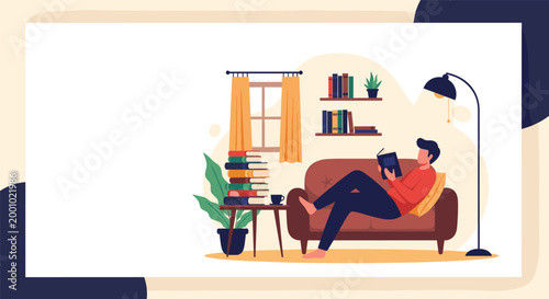 Relaxed young man enjoys his leisure time by reading an interesting book while sitting on a sofa in a cozy home.