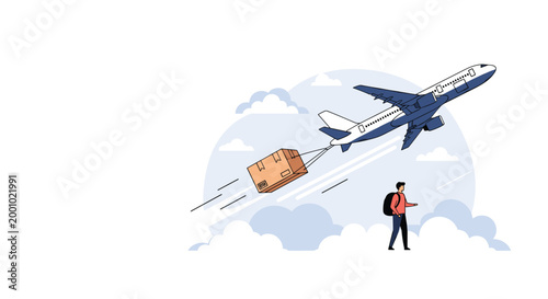 Large commercial airplane flies high in the sky while towing a brown cardboard shipping box attached with ropes.