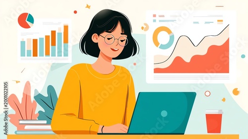 Data Analytics concept, Data Annotation, Data Analysis, Smile businessman use laptop analyzing data for competitor benchmarking and market positioning