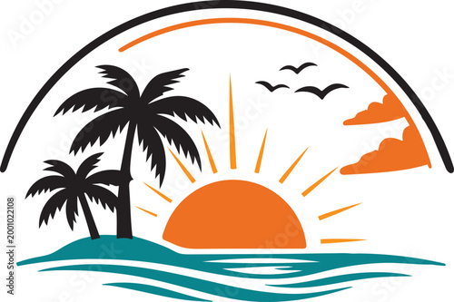 Sunset beach icon vector, tropical sea sun palm landscape silhouette.