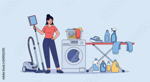 Efficient housewife stands proudly next to her laundry equipment including a washing machine and ironing station.