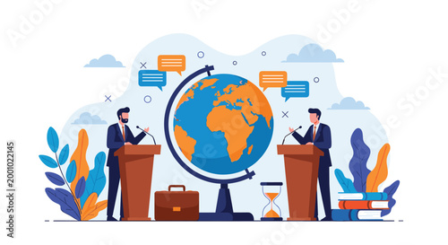 Two political candidates engage in a serious global debate while standing at wooden podiums with a globe between.