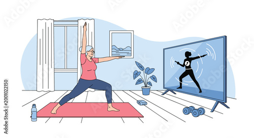 Senior woman maintains her health by practicing yoga in her living room while following an instructor on the television.