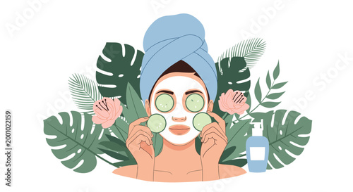Beautiful woman enjoys a relaxing spa treatment with a facial mask and cucumber slices on her eyes at home.
