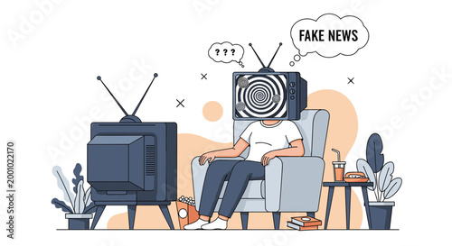 Social commentary illustration shows a person with a television head sitting in an armchair watching fake news.