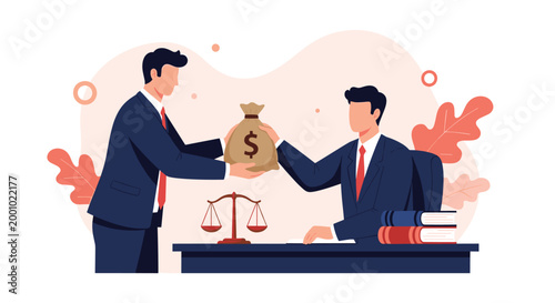 Corrupt businessman hands a large bag of money to a lawyer in a dark suit during a secret legal meeting or trial.