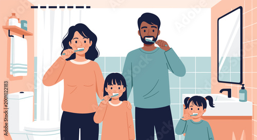 Happy multiracial family of four stands together in a bathroom while brushing their teeth to maintain oral hygiene.