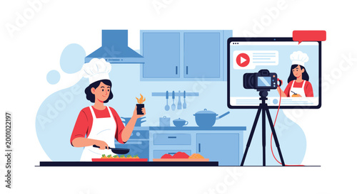 Creative female chef films a professional cooking tutorial in her kitchen using a camera mounted on a tall tripod.