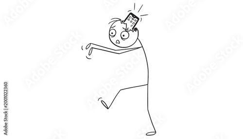 Stick figure with shocked expression running with broken phone on head and cracked screen featuring cartoon, illustration, line art with simple