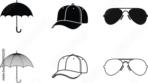 Black silhouette collection hats sunglasses and umbrella minimalist fashion accessories