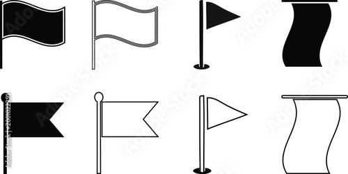 Black and white flag silhouettes a collection of waving and triangular flags