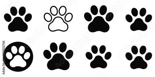 Dog paw print set, paw icon collection representing pet care, animal love, veterinary services, and adoption