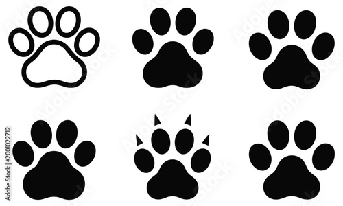 Dog paw print set, paw icon symbol collection, cute animal track marks representing pets, veterinary care, animal shelter, and dog walking services, clean simple flat vector