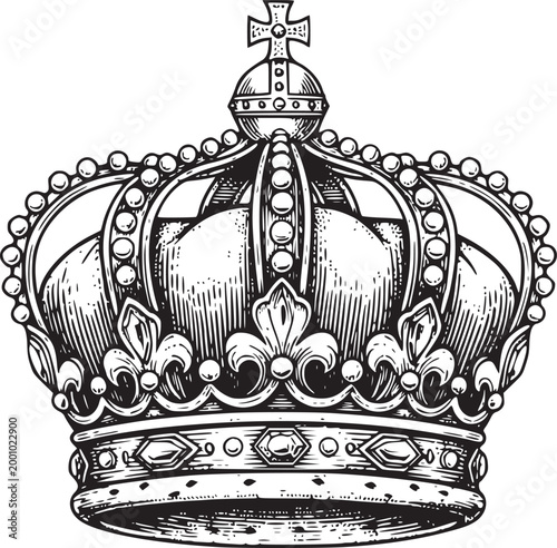Elaborate royal crown illustration in vintage engraving style, adorned with pearls, jewels, and fleur-de-lis, symbolizing power, monarchy, and luxury.