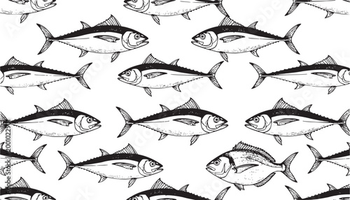 Seamless pattern of vintage tuna fish illustrations in scratchboard style, showing detailed scales and fins, ideal for seafood branding, fishing themes, and nautical decor.