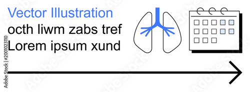Health tracking, scheduling, medical diagnosis, time management, progress monitoring, anatomy education. Lung diagram, calendar and arrow on white background. Health tracking and scheduling concept