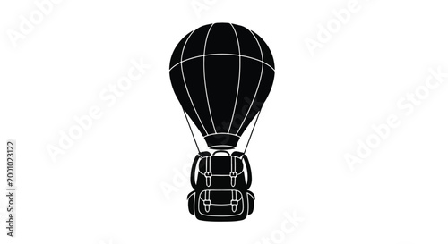 Black hot air balloon icon with luggage flying high in sky travel adventure symbol