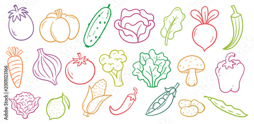 Colorful Hand Drawn Vegetable Doodles and Fresh Produce Illustration Set