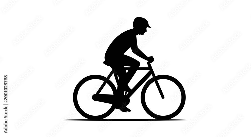 Fototapeta premium Black silhouette of a cyclist riding a bicycle wearing a helmet side profile illustration