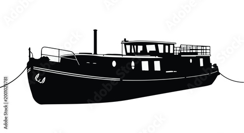 Black silhouette of a boat vessel ship on water tied up docked moored on a white background nautical marine transportation