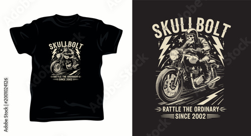 Skull bolt motorcycle rider graphic design for t-shirt apparel.