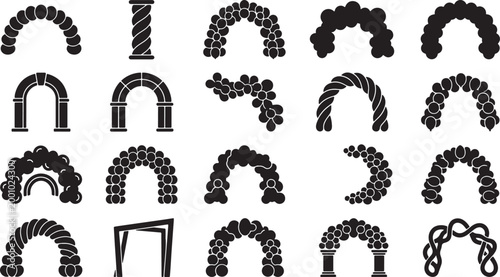 Event Decoration Balloon Arch and Column Silhouettes for Wedding Birthday and Grand Opening Celebration Vector Icons