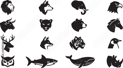 Minimalist Animal Head Silhouette Collection for Logos featuring Lion Wolf Elephant Bear Eagle and Rhino Vector Symbols
