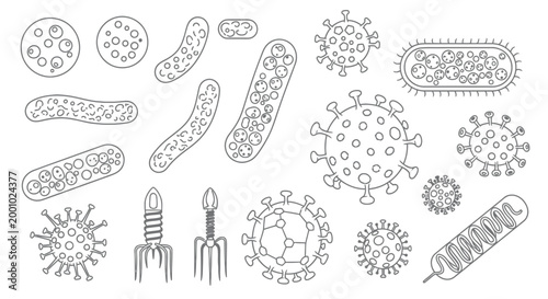Set of Bacteria, Viruses and Microorganisms Outline Icons. Collection of Vector Pathogens, Germs, and Microbes Illustration for Science, Medicine, and Healthcare Design.