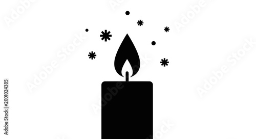 Minimalist Black Candle Silhouette with Flame and Snowflakes Icon, Vector Illustration on White Background