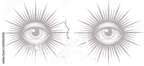 Mysterious evil eye symbols radiating rays isolated on transparent background.