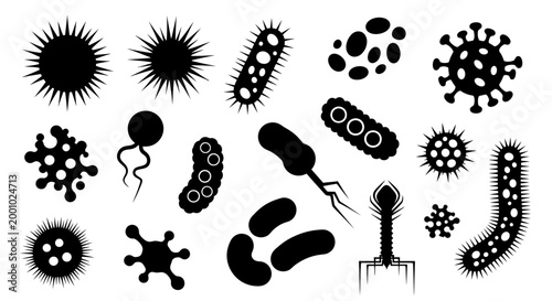 Collection of Bacteria, Microbes, and Virus Silhouettes Isolated on White Background for Medical and Scientific Use