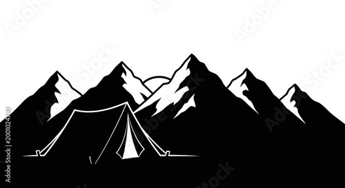 Minimalist Vector Silhouette of a Camping Tent in Front of High Mountain Peaks for Travel and Outdoor Adventure