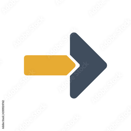 Modern vector arrow symbol in yellow and gray pointing rightward on a clean white background evoking direction and progress