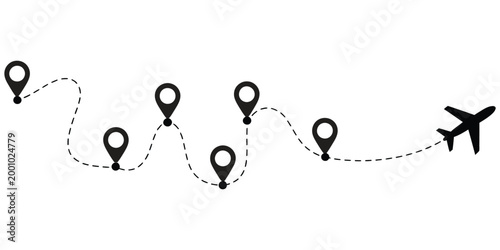 Dotted airplane route paths, flight tracking lines across world map, aviation themed navigation system, curved dashed air routes showing global travel connections, modern vector