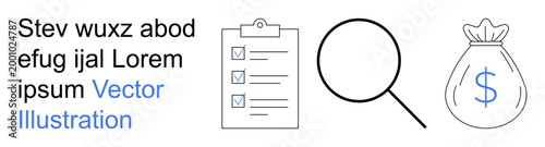 Planning, financial management, decision-making, organization, business strategy, analytics. A clipboard with checkboxes, magnifying glass and monetary bag icon. Planning and financial management