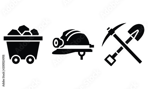 Mining industry equipment icons set with coal cart machinery pickaxe and shovel silhouette vector illustration