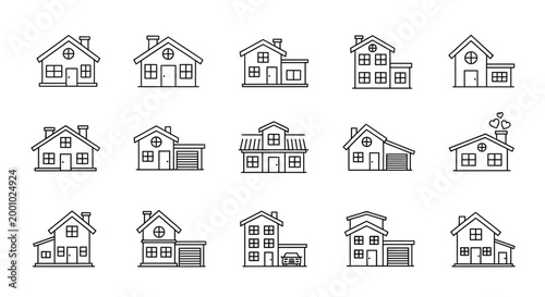 Houses stand in a grid formation to represent various residential architectural styles, showing different roof shapes and building structures for property development.